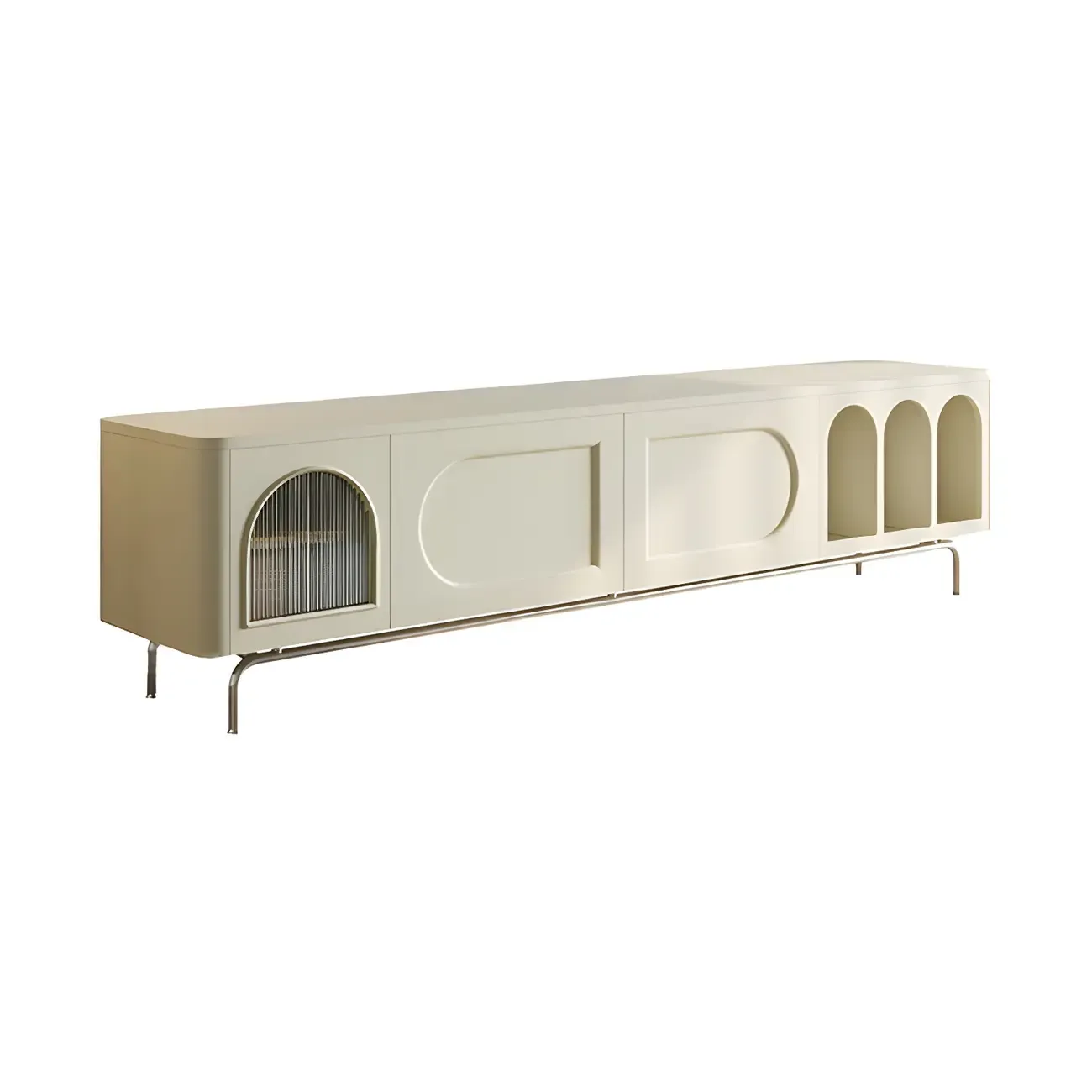 94.5 White Wood Arched Display Niches TV Stand with Cabinets
