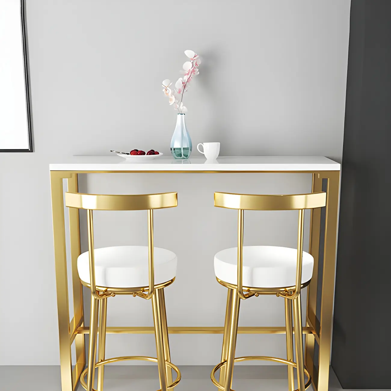Glam White Faux Marble Golden Metal Trestle Bar Tables