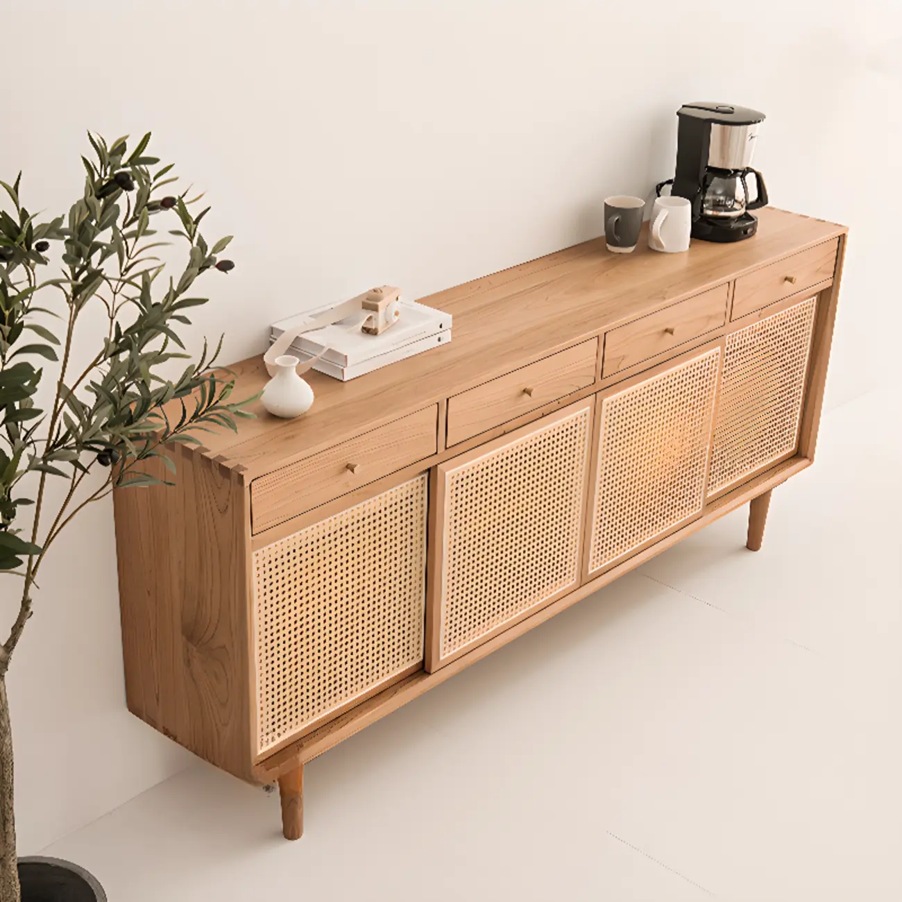 Scandinavian Natutal Wood Rattan Sideboard with Drawers