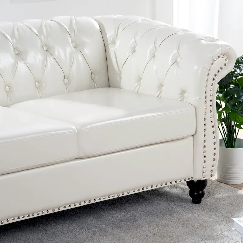 White 84.65 Chesterfield PU Leather 3-Seater Sofa with Button Tufted Backrest