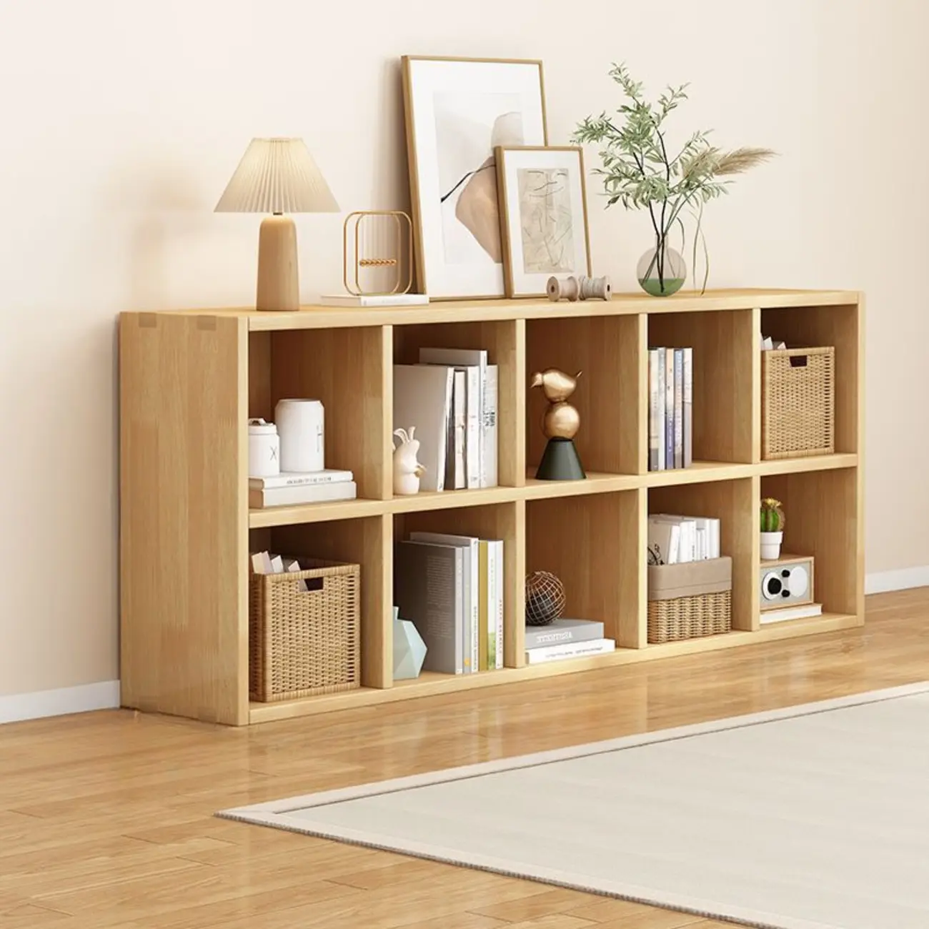 Modern Oak Bookcase Spacious Shelves Multi-Cabinets