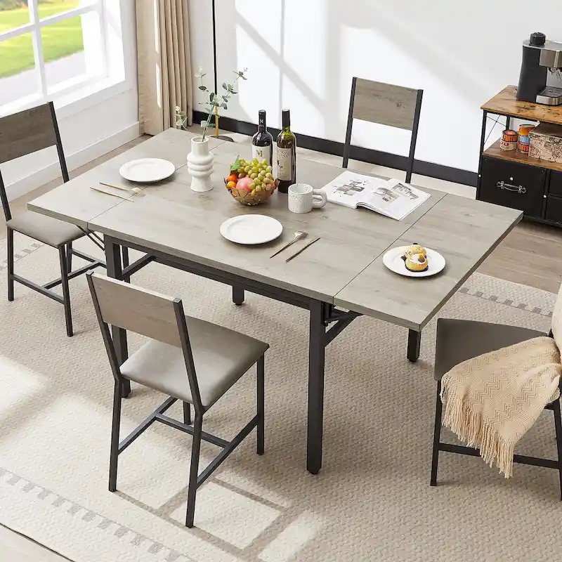 Modern Industrial 63.2 Extendable Dining Table w/Drop Leaf, Seats 6