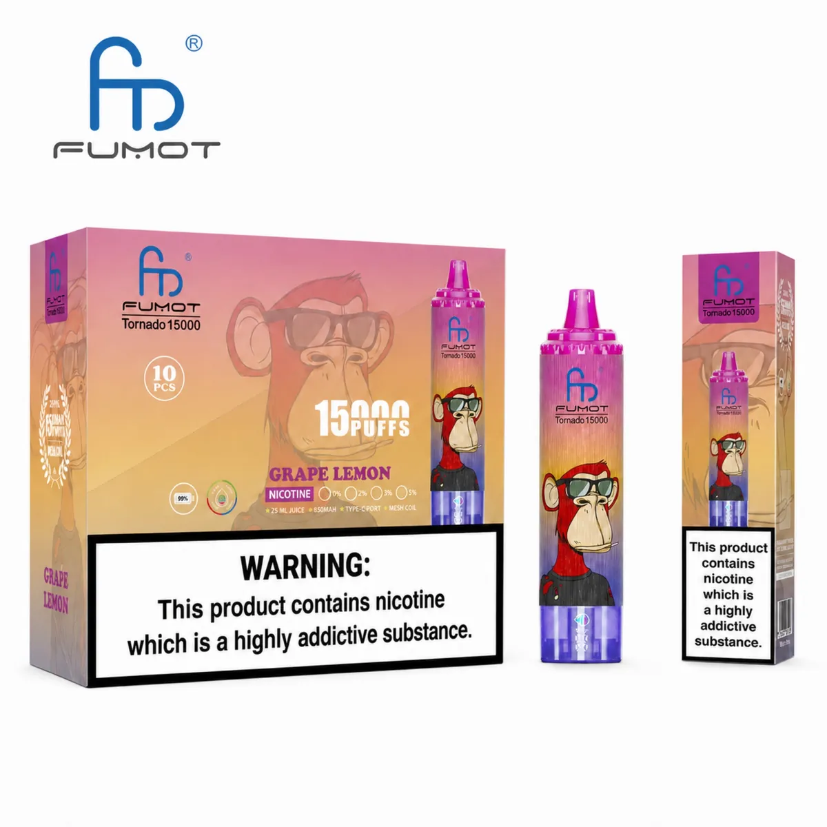 Fumot Tornado 15000 Grape Lemon – 10er-Displaybox mit Einweg-Vape und Einzelpackung