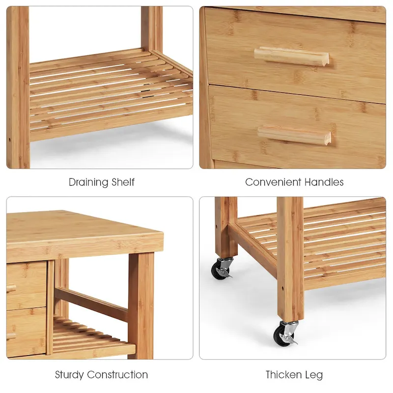 Costway Bamboo Kitchen Trolley Cart Wood Rolling Island w/ Tower Rack