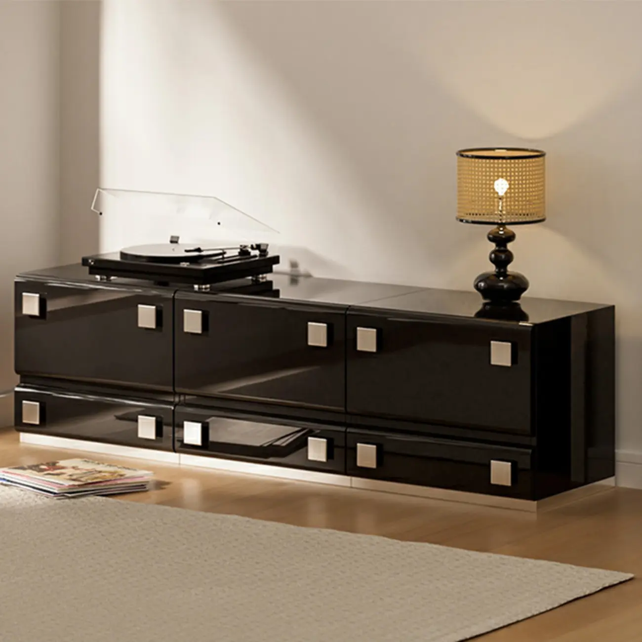 Modern Glossy Wood Metal 2-Drawer Nightstand