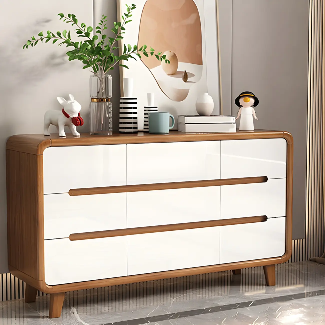 Traditional White-Brown Wooden Double Dresser Arched Edge