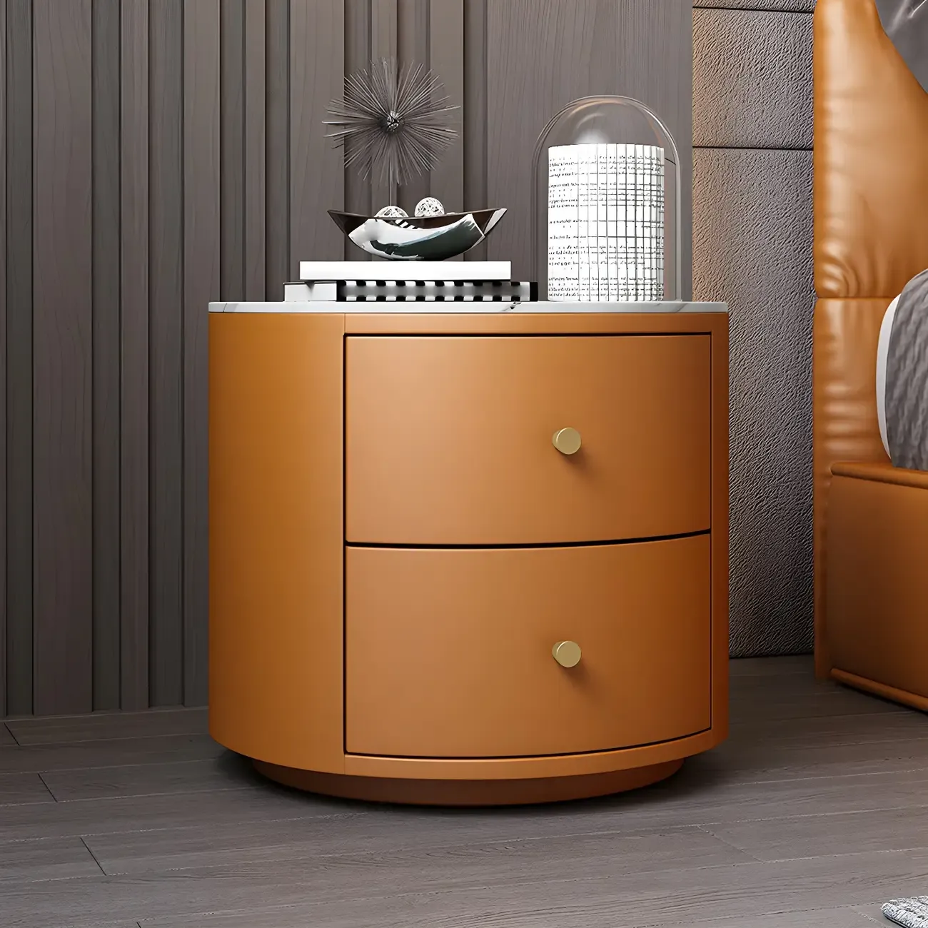 Modern Faux Leather Round Bedside Table with Two Drawers in Grey