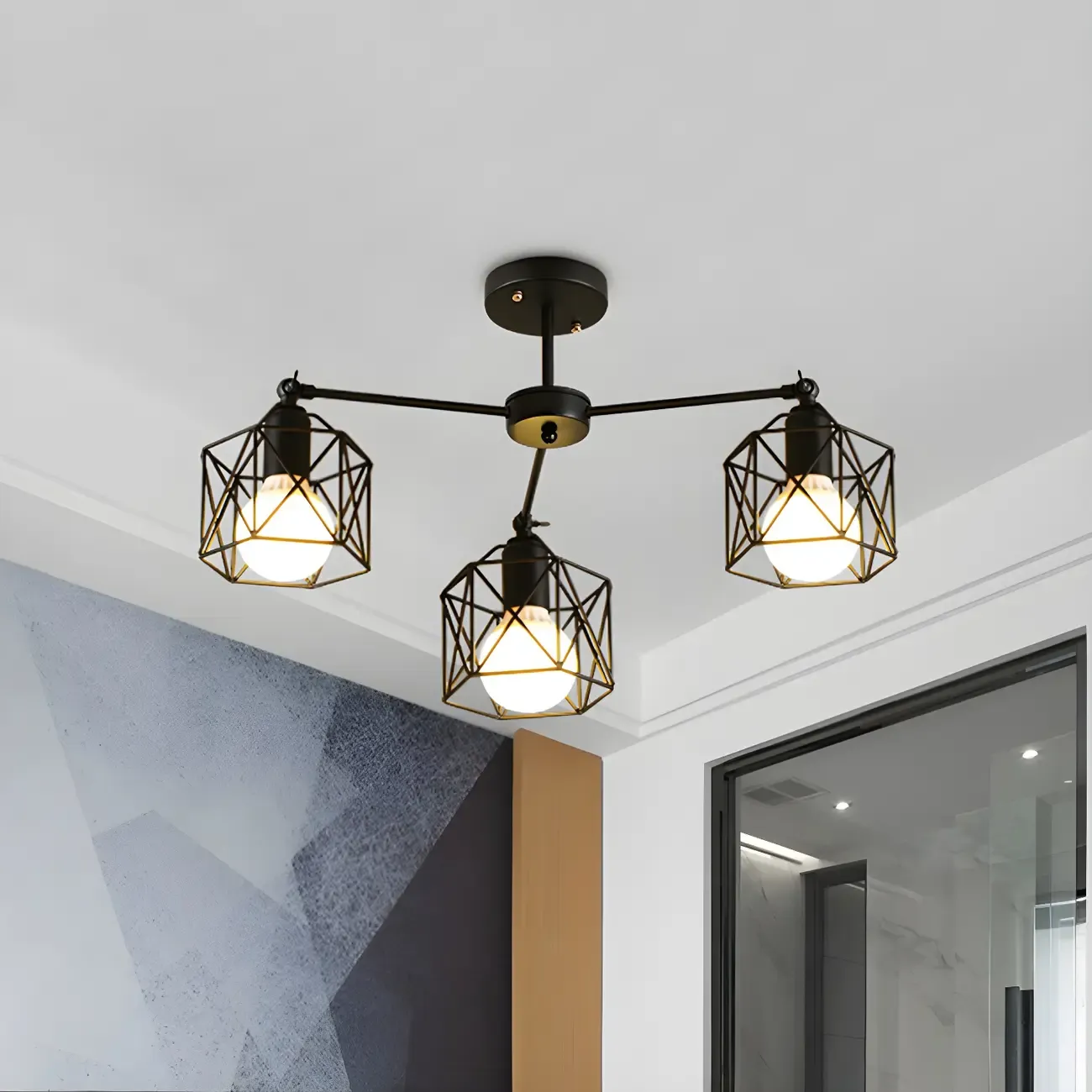 Industrial Black Metal Semi-Flush Ceiling Light in 3/5-Light