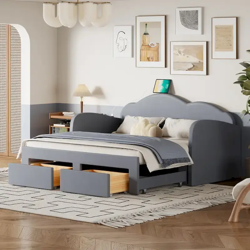 Twin Cloud Velvet Daybed with Trundle, Drawers, and USB