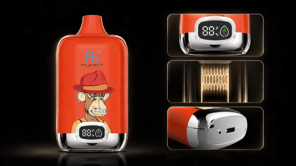 Fumot Digital Box 12000 Two Apple Vape Funktionsdetails mit Display, Mesh Coil und Ladeanschluss