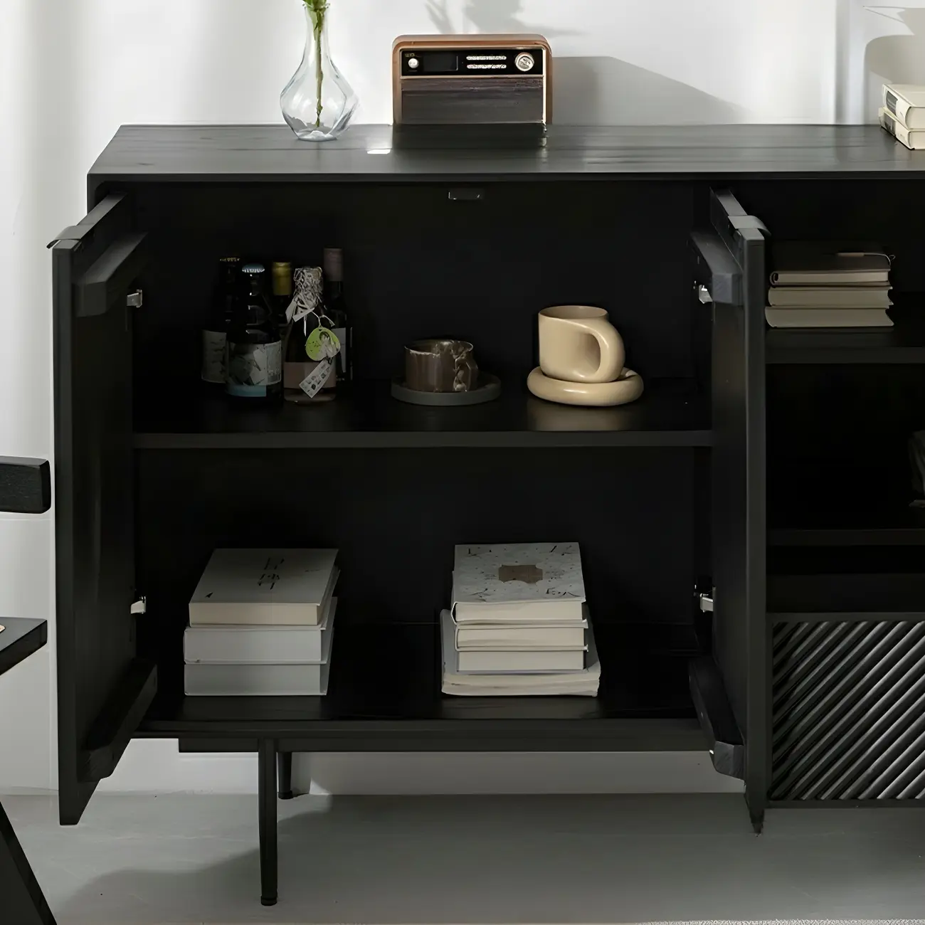 Geometric Black Wooden Sideboard with Drawer & Cabinet