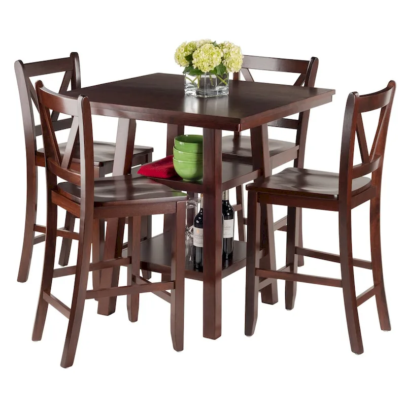 5-Pc High Table with V-Back Counter Stools, Walnut