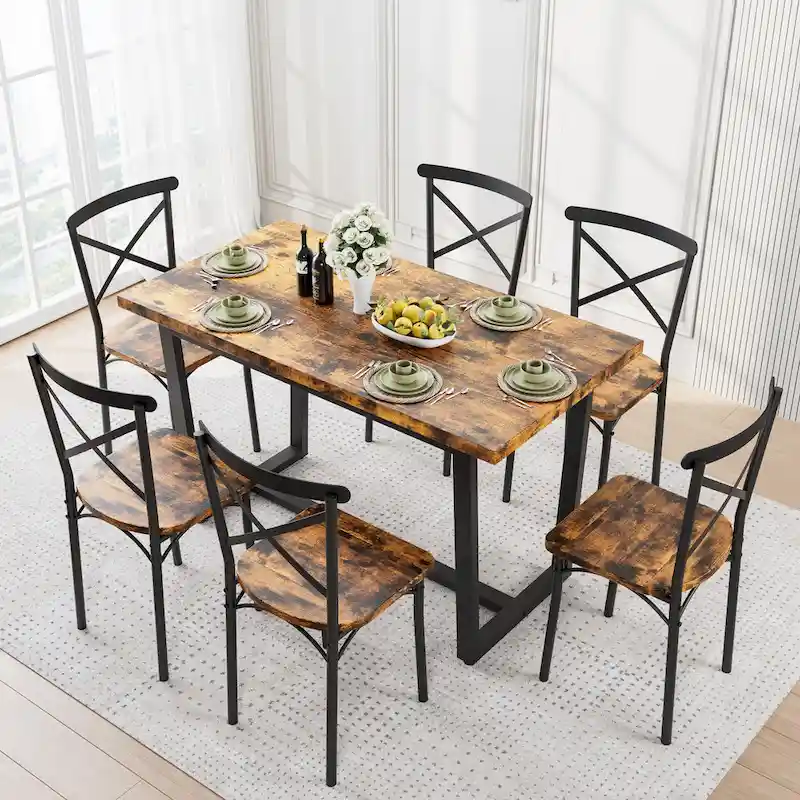 Modern Style 7-Piece Dining Set with Rectangular Table and 6 Cross Back Dining Chairs