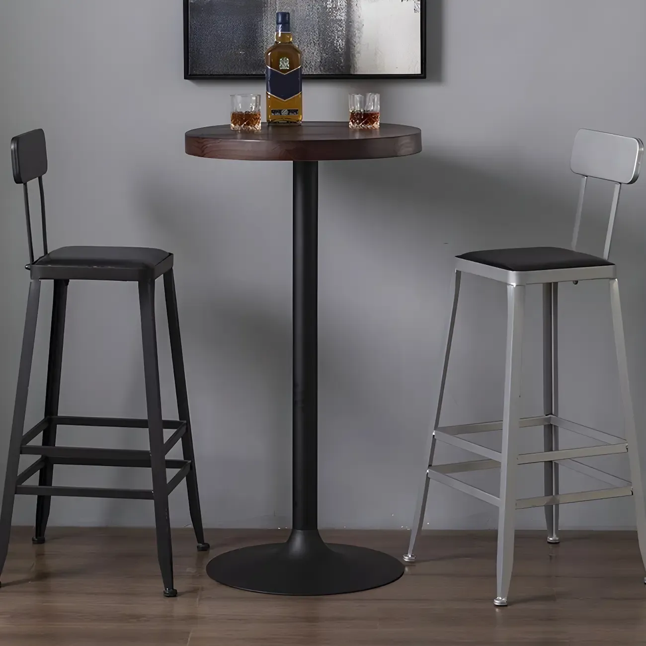 Industrial Brown Wooden Metal Pedestal Bar Tables