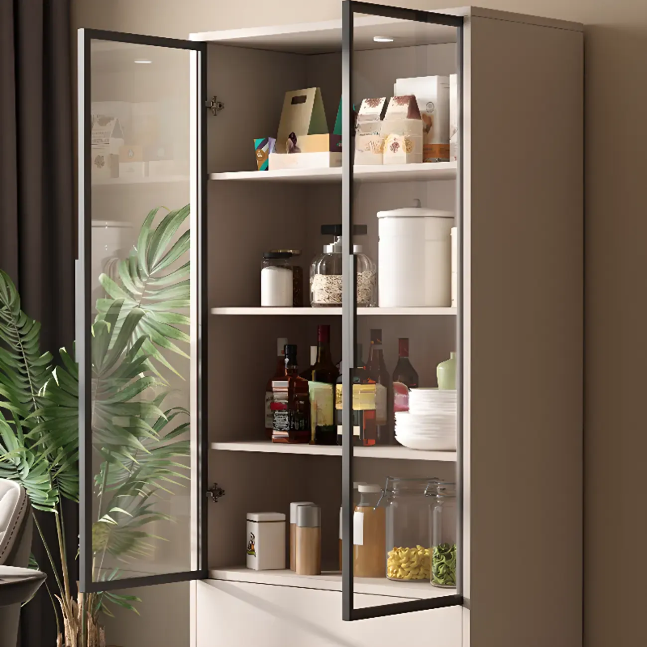 Khaki Wooden Adjustable Shelf Display Cabinet with Drawer