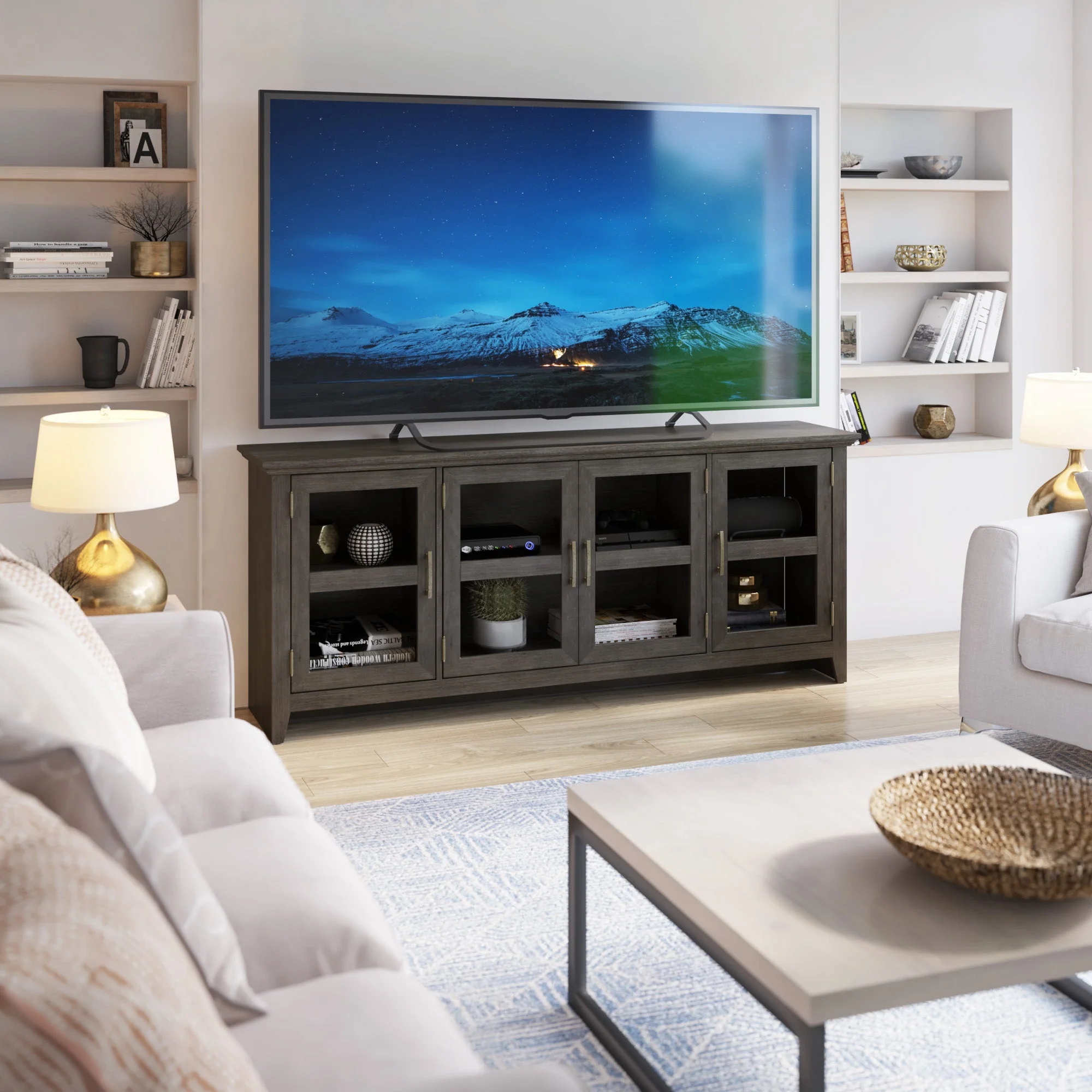 Tempered Glass Doors 72' TV Stand Media Console