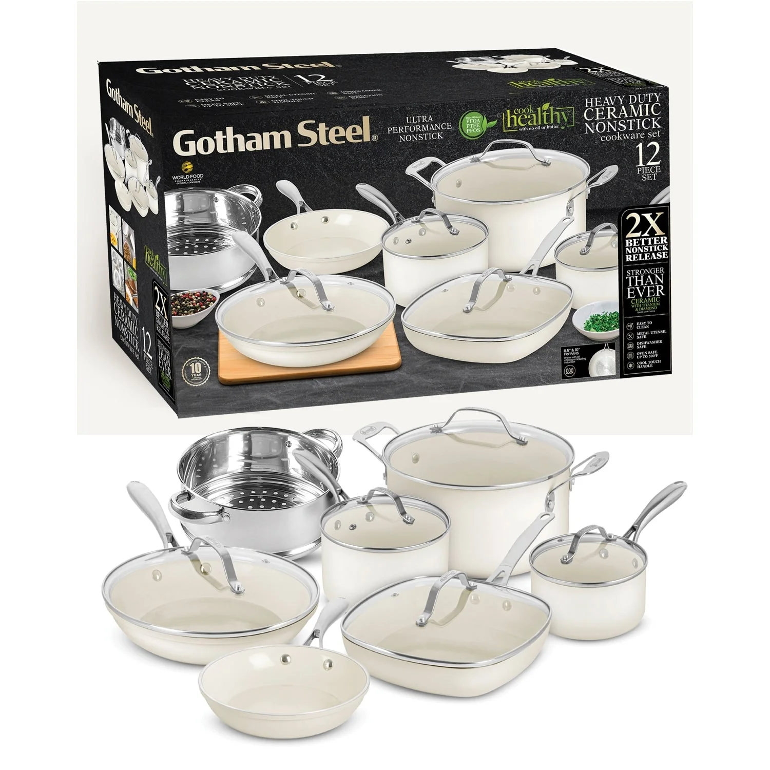 Gotham Steel Cream 12 Piece Pots and Pans Ultra Nonstick Ceramic Cookware Set with Stay Cool Handles