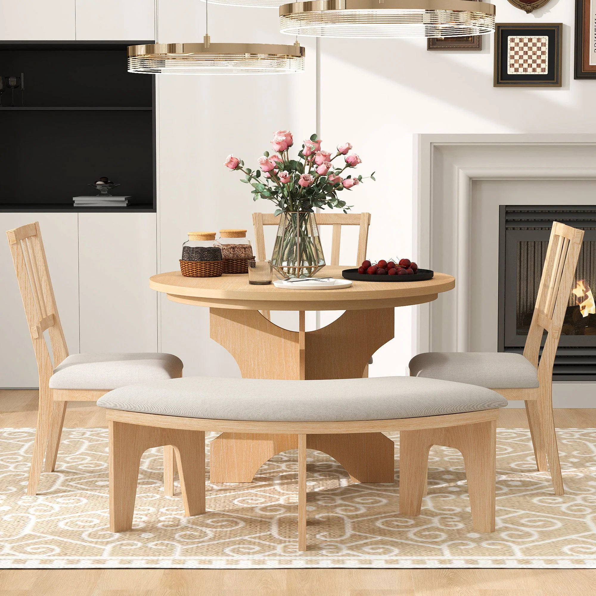 Walker Edison | Charming 5-Piece Rustic Round Dining Set with Chairs and Curved Bench