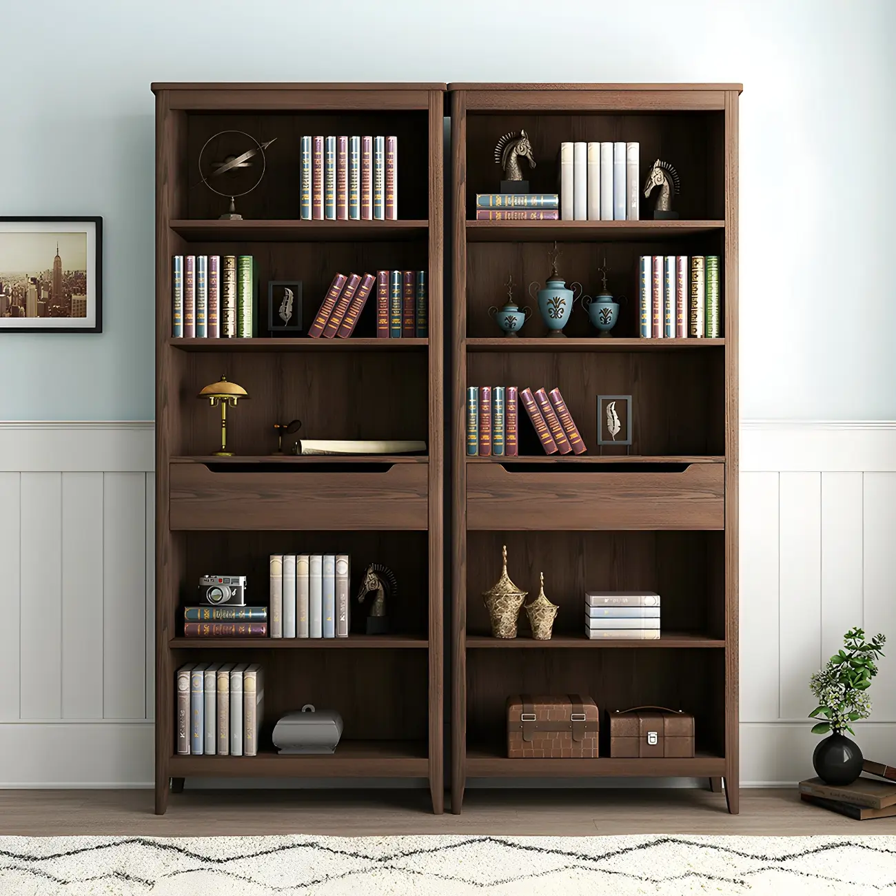 Modern Wooden Bookcase with Adjustable Shelves and Drawers
