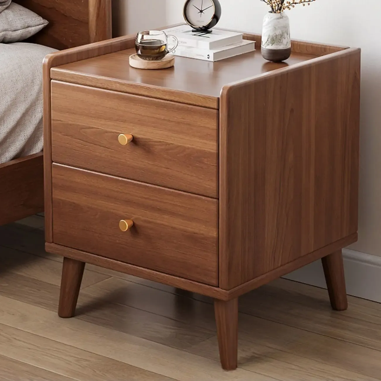 Natural Wood Scandinavian 2-Drawers Narrow Nightstand