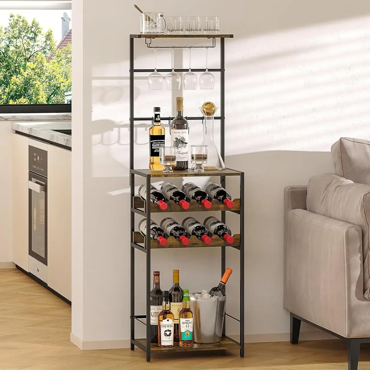 5-Tier Freestanding Wine Rack with Glass Holders and Hooks