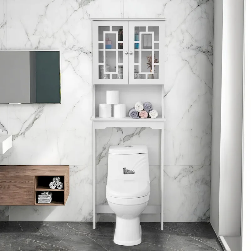 EROMMY Bathroom Organizer Over-The-Toilet Storage, Wooden Unit with 2 Glass Doors & Adjustable Shelf for Bathroom Use