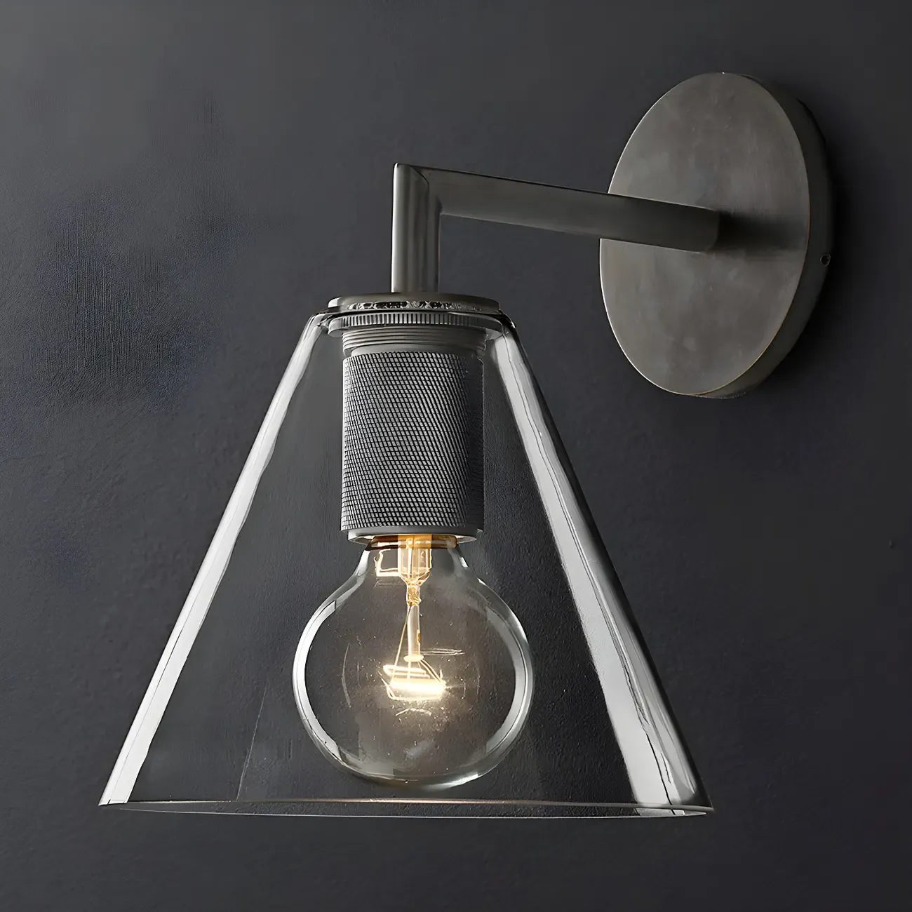 Industrial Cone Glass Wall Sconce with Brass/Black Finish