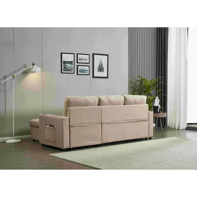 Linen Sectional Sofa Reversible Chaise with Pull out Sleeper