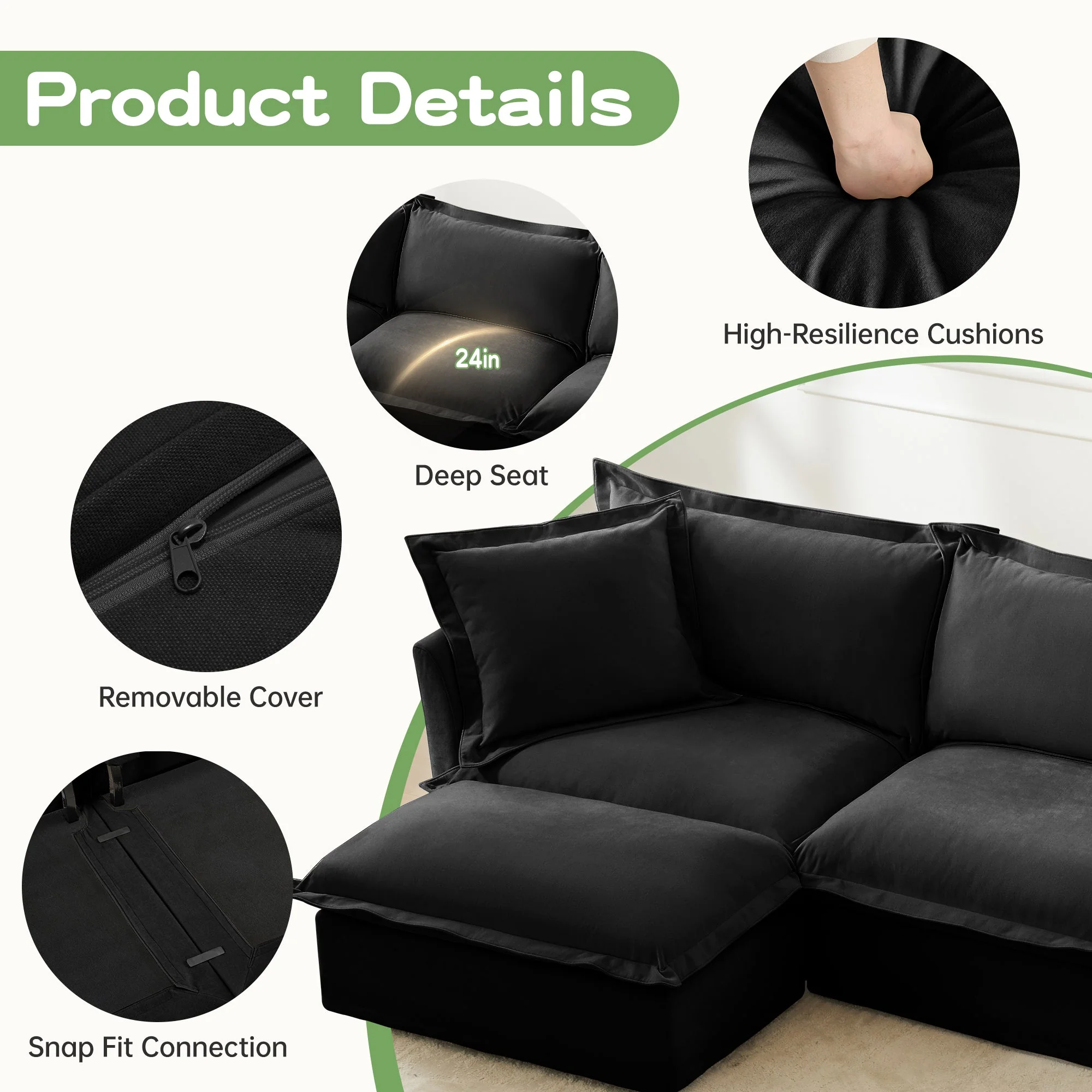 Walker Edison | Wide Deep Seat Slipcovered Black Loveseat Sofa with Ottoman