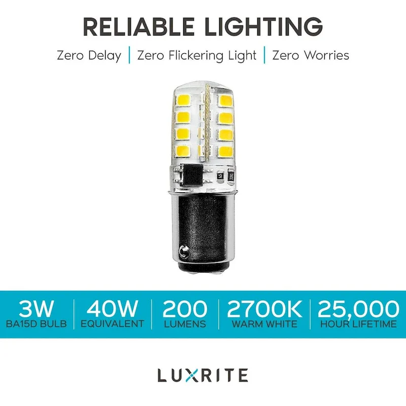 Luxrite BA15D LED Bulb, 3W 120V, 40W Equivalent, Double Contact Bayonet Light Bulb, Warm White, 200 Lumens (2-Pack)