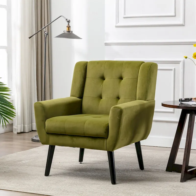 Green Velvet 29.53 Upholstered Tufted Accent Chair with Solid Black Wood Legs