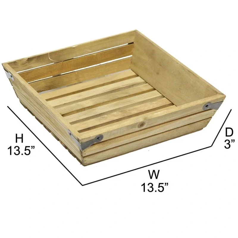 Natural wood large shallow square crate with metal corner design