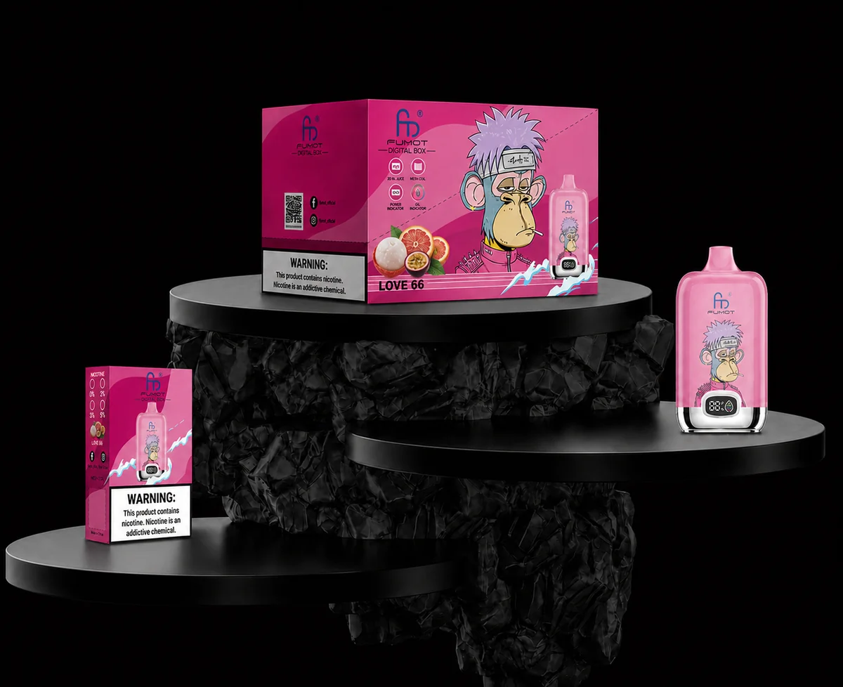Fumot Digital Box 12000 Love 66 Einzelgerät, Retail-Box und Display-Box mit Tropenfruchtmotiven