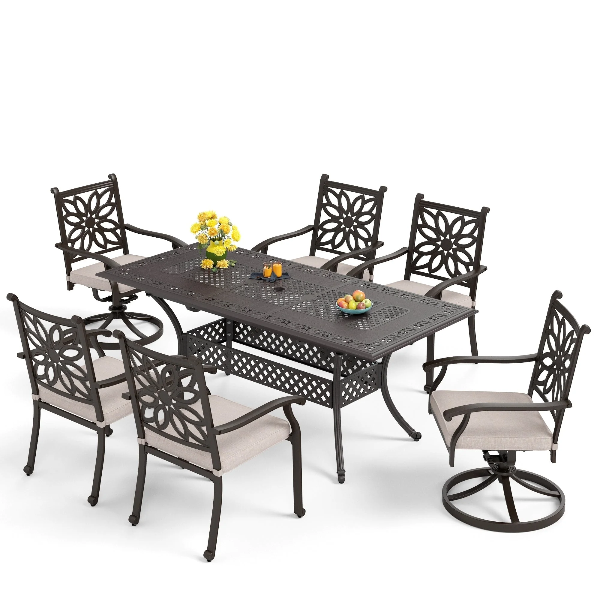 MAISON ARTS 7-Piece Cast Aluminum Patio Dining Set with Expandable Rectangular Table & 6 Cast Aluminum Chairs