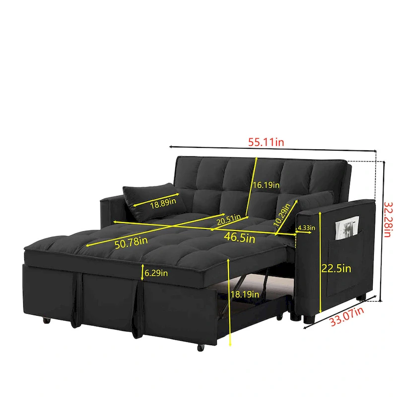 Black 55.2 Velvet Pull-Out Sofa Bed with Toss Pillows and Pockets