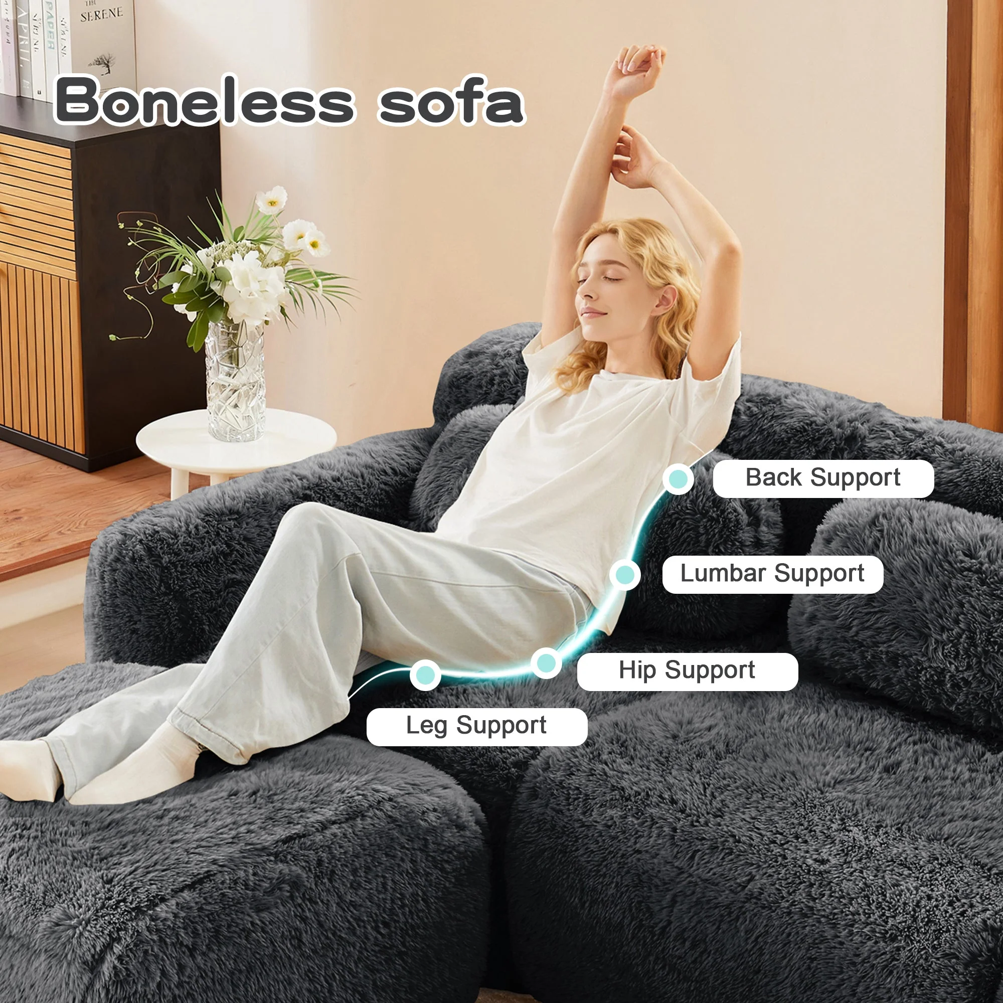 Soft Teddy Plush Ergonomic Design L-shaped Loveseat Sofa with Ottoman