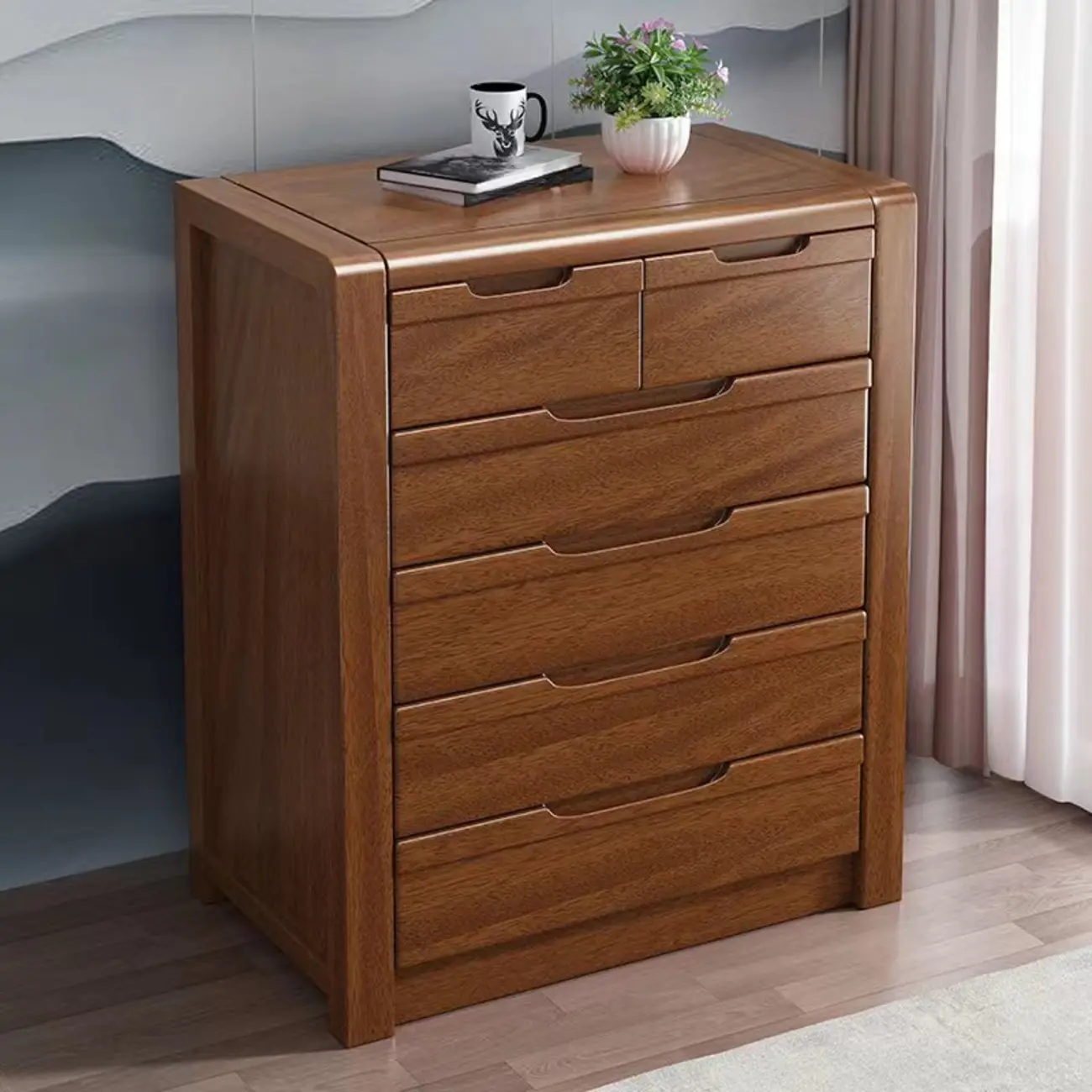 Freestanding Mid-Century Brown Solid Wood Cabinet with Drawers