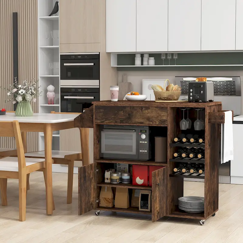 Gymax Kitchen Island Cart w/ Drop-Leaf & Power Outlet Microwave Shelf