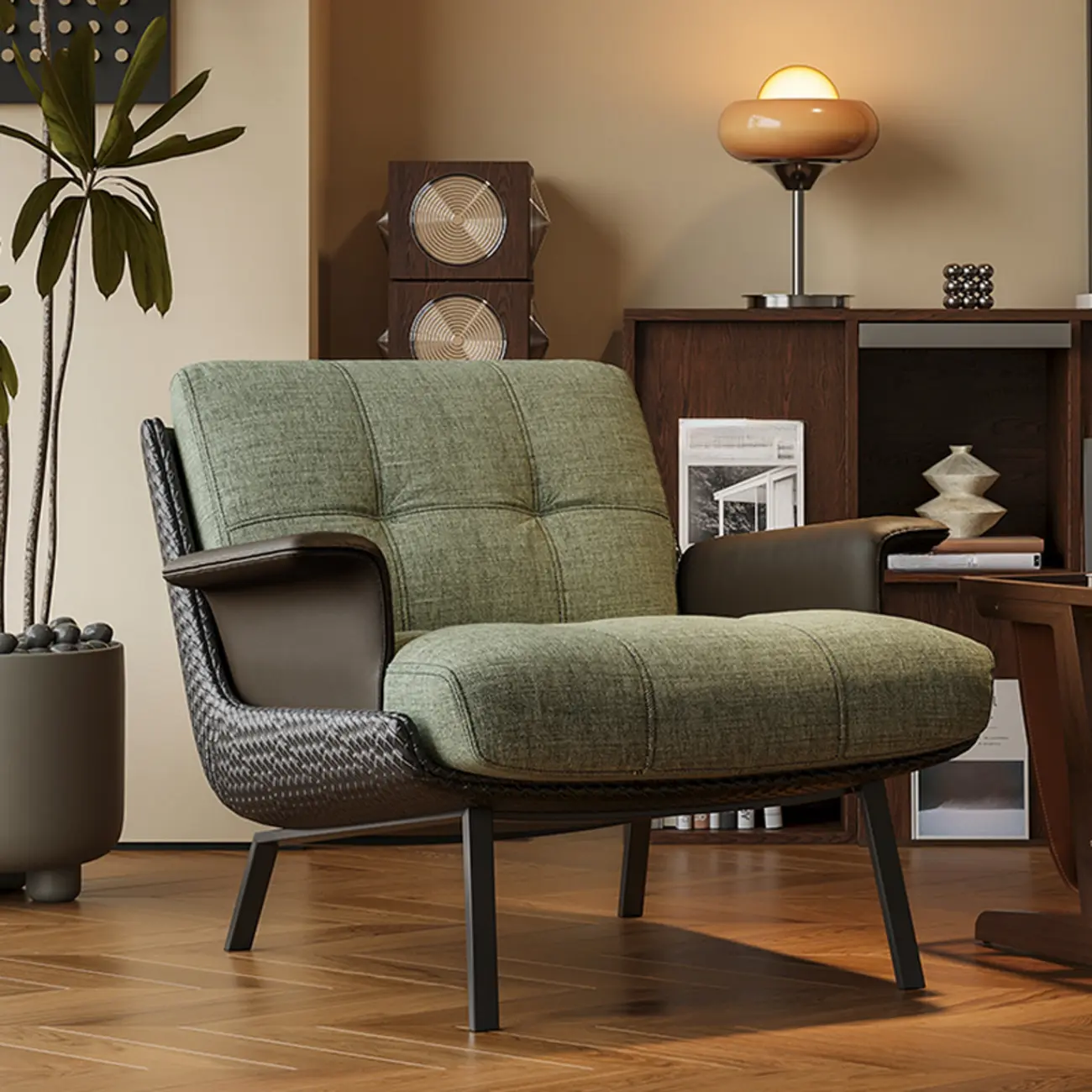 Modern Wingback Armrest Accent Chair Cotton Linen Fabric