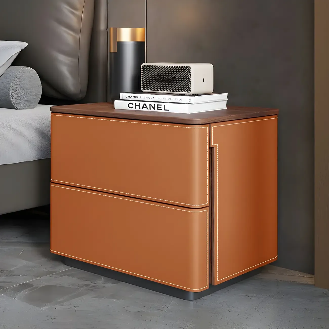 Modern Faux Leather Wood Top Drawers Nightstand