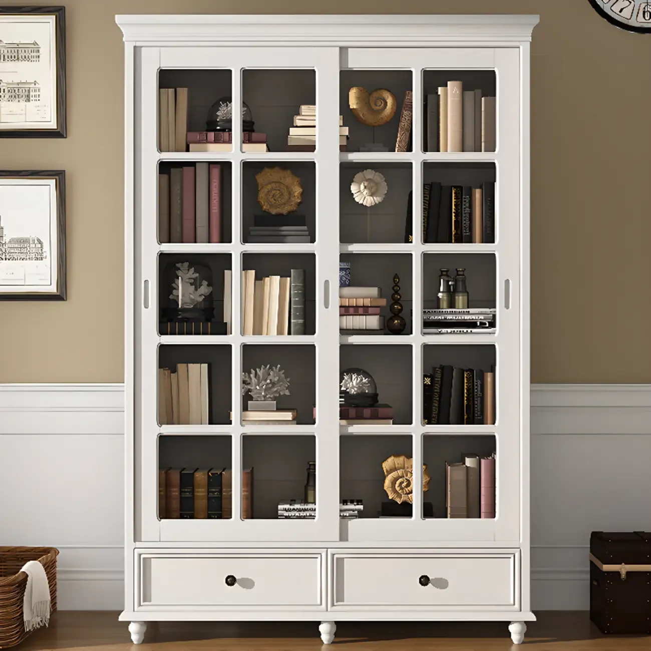 Large Wooden White Storage Sliding Door Display Cabinet