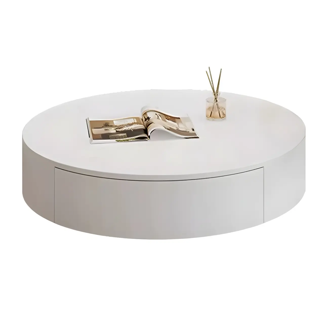 Drum Round White Wood Modern Coffee Table with Storage