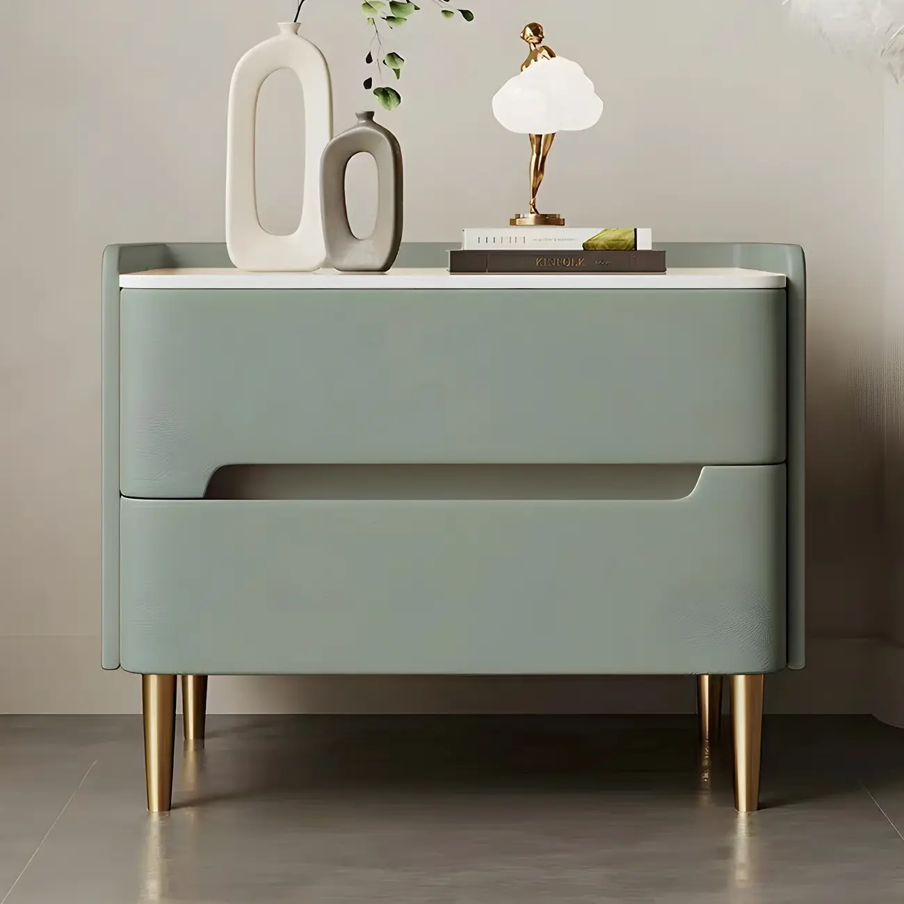 Elegant Green Wood Stone Top Gold Legs 2-Drawer Nightstand