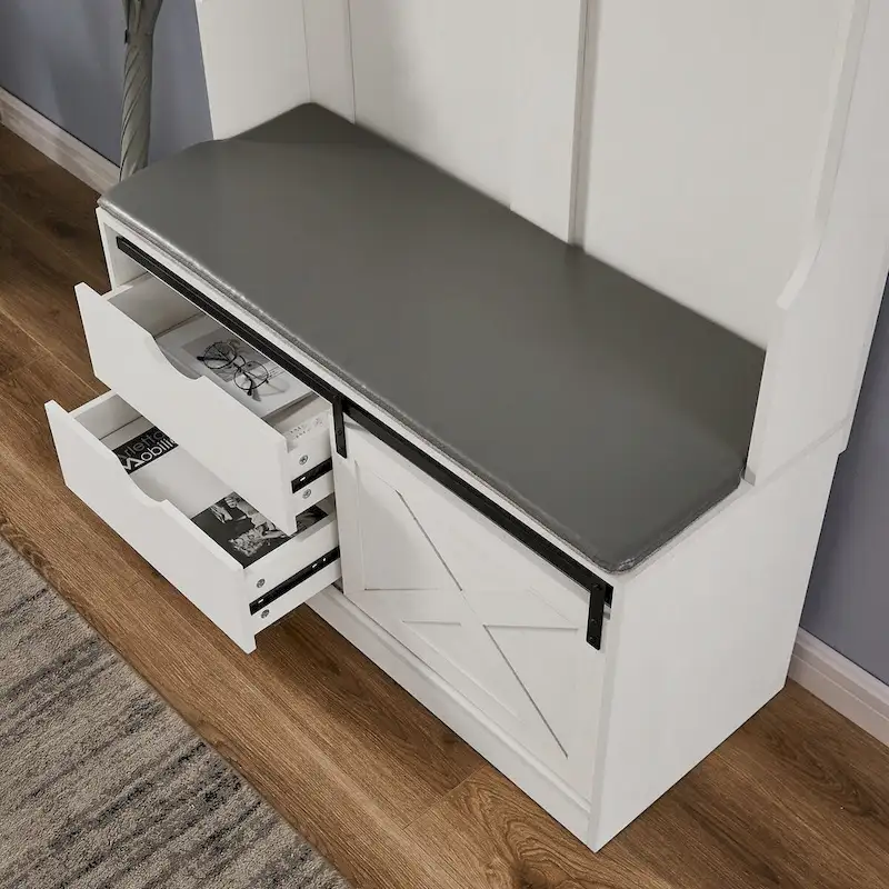 Hall Tree with Coat Rack, Bench, Drawers