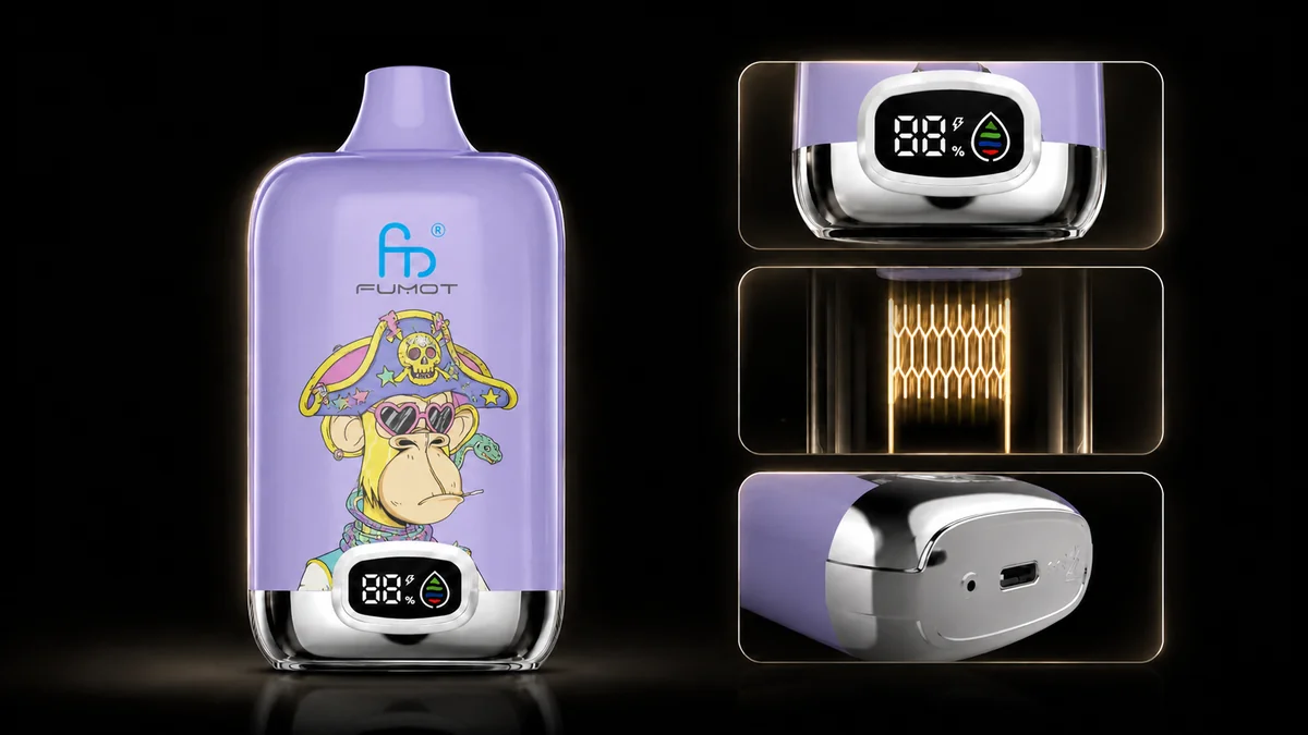 Fumot Digital Box 12000 Grape Mint Vape Funktionsdetails mit Display, Mesh Coil und Ladeanschluss