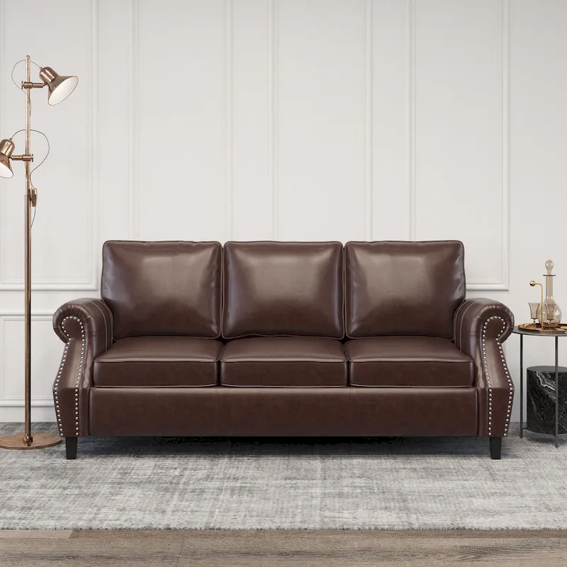 80 Modern Faux Leather 3-Seater Sofa with Birch Legs and Nailheads