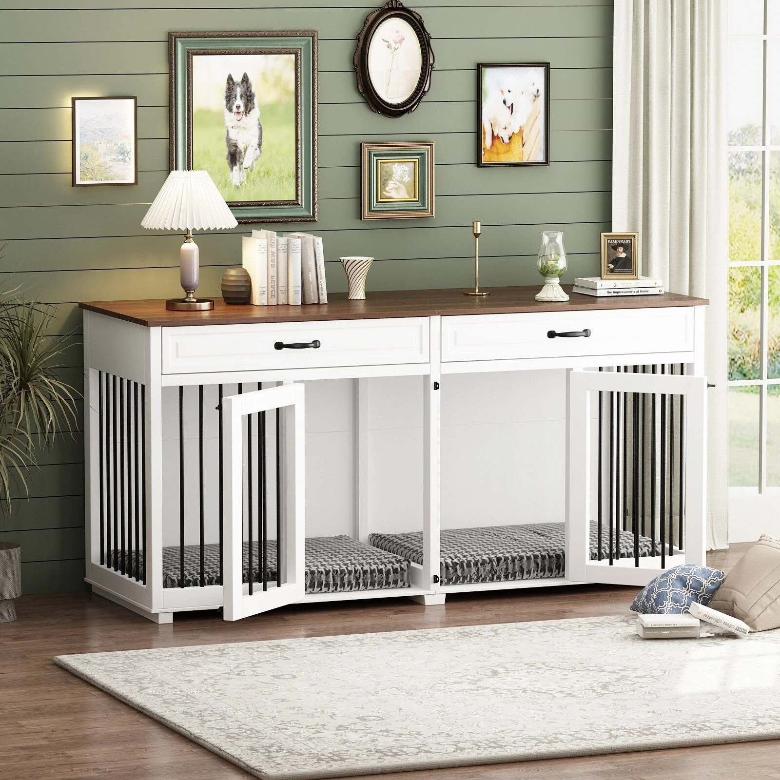 Furniture Style Dog Crate, 64.5 Inch Wooden Large Dog Kennel