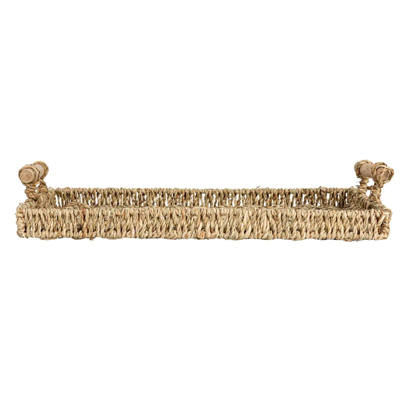 Household Essentials Handwoven Seagrass Tray Set with Wood Handles, Set of 2 - 15.7 L x 9.8 W x 3.1 H