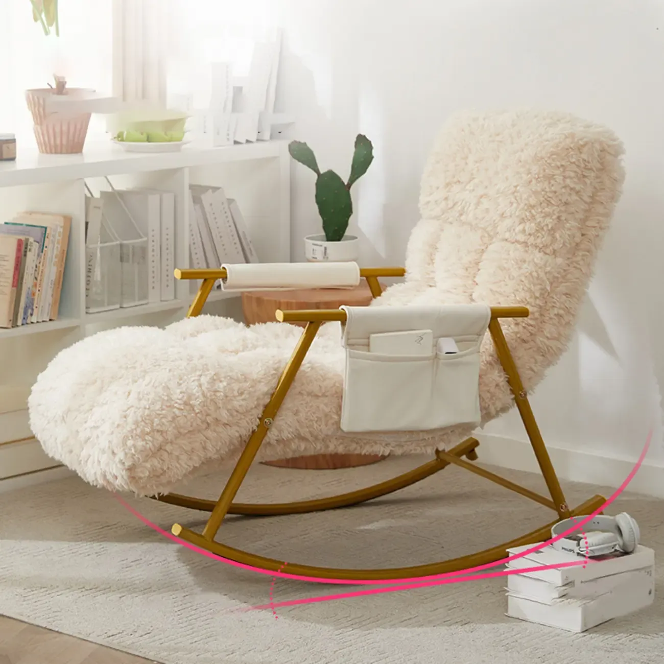 Modern Cotton Upholstered Metal Rocking Chair in White
