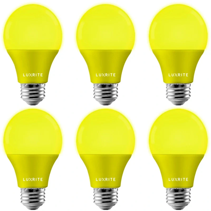 Luxrite A19 Yellow LED Bug Light Bulbs 8W Non-Dimmable UL Listed E26 Indoor Outdoor Porch Deck Home Lighting 6 Pack